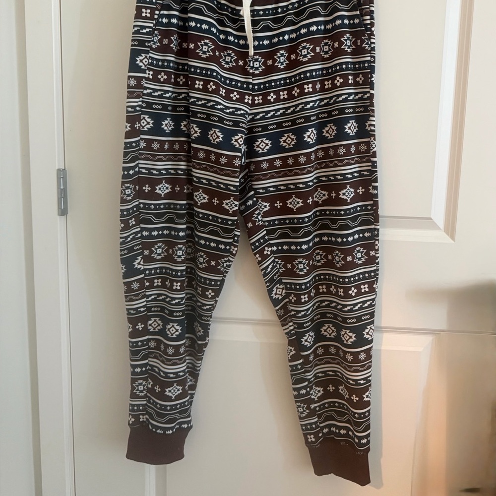 LuLaRoe Jax Patterned Joggers - Brown, white, and Navy.